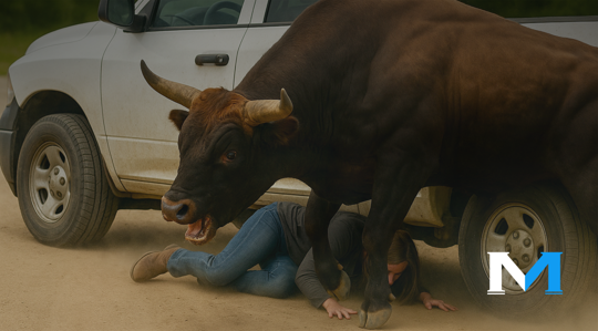Realistic illustration of a bull attack injury case handled by Meyerkord Law Group, settled for full policy limits in 3 weeks.